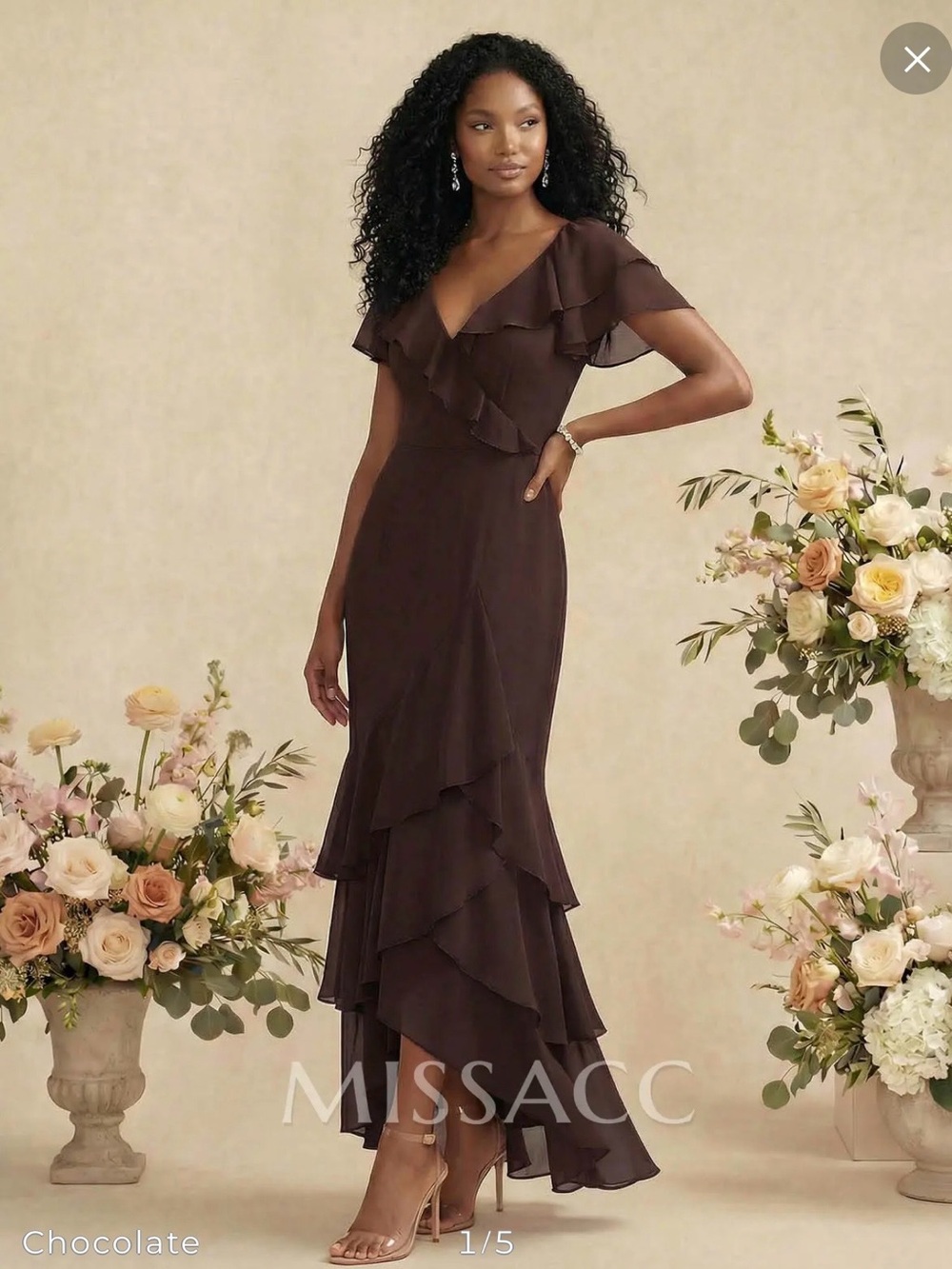 MissACC Chocolate Ruffle High-Low Maxi Dress
